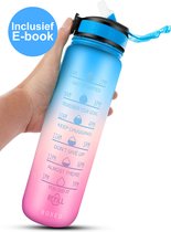 Gourde en boîte - Bouteille d'eau de motivation - 1 litre - Gourde avec marquage de l'heure - Bouteille d'eau - Carafe à eau - Avec paille - Rose - Blauw