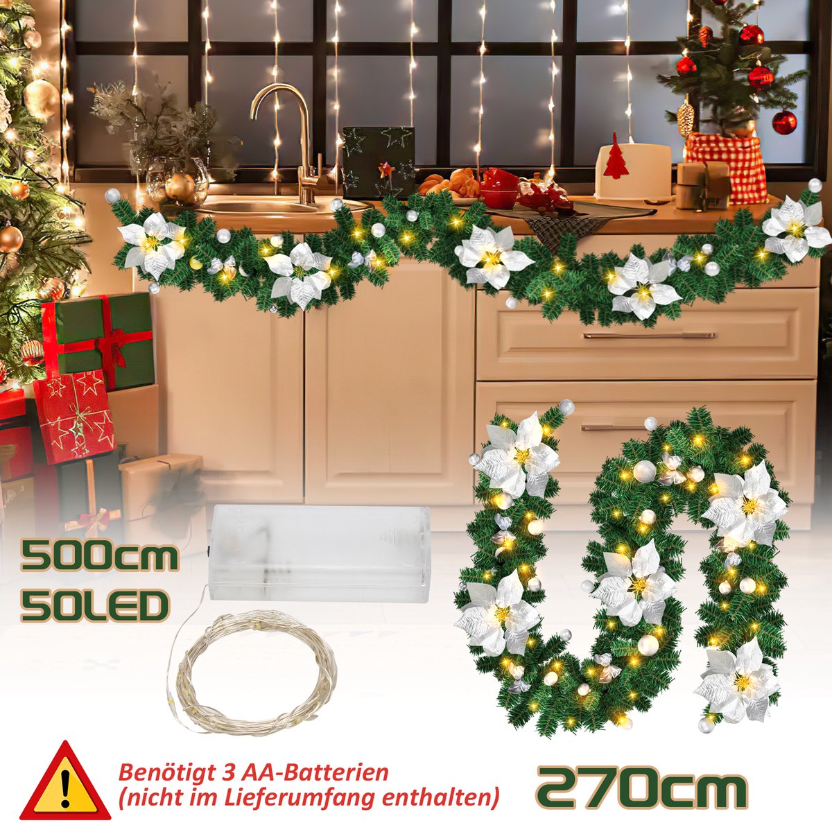 2.7M Kerstguirlande Kerstslinger, lichtsnoer, kunstdennenboom, 2,7 m, led, werkt op batterijen, voor muur, open haard, trap, kerstdecoratie Zilver – foto 5
