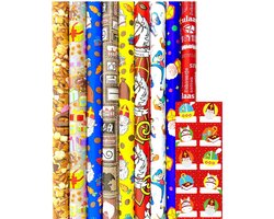 Product afbeelding van Sinterklaas Cadeaupapier - Assortiment Sinterklaaspapier Inpakpapier incl. 20 Naamstickers - 300 x 70 cm - 7 rollen