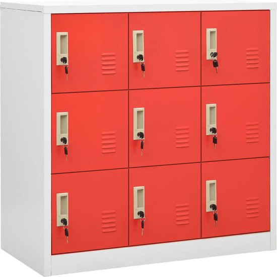 The Living Store Lockerkast - modern ontwerp - staal - lichtgrijs/rood - 90 x 45 x 92.5 cm - 9 lockers - met sloten