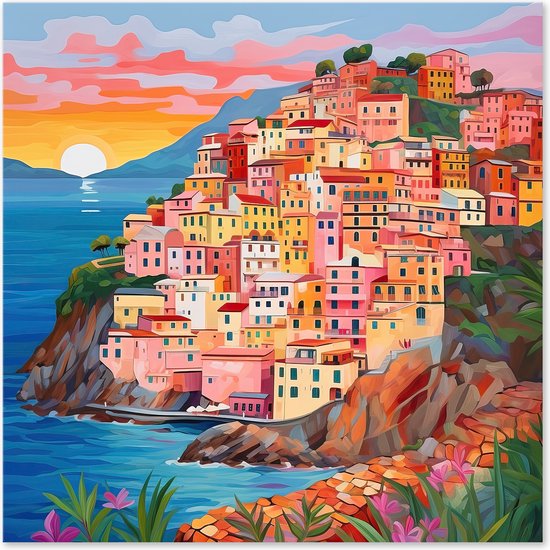 Graphic Message - Peinture sur toile - Cinque Terre - Village coloré