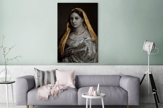 Canvas doek - De gesluierde vrouw - Goud - Kunst - 90x140 cm - Oude meesters - Raffaeolo Sanzio - Tinten - Woonkamer