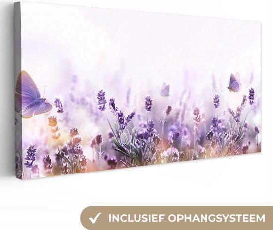 Canvas Schilderij Lavendel - Vlinder - Paars - Bloemen - Natuur - 80x40 cm - Wanddecoratie