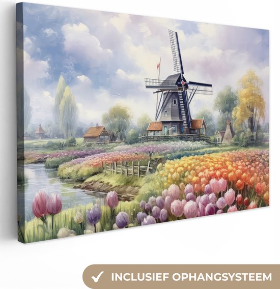 Canvas schilderij 60x40 cm - Wanddecoratie Molen - Bloemen - Nederland - Landschap - Hollands - Muurdecoratie woonkamer - Slaapkamer decoratie - Kamer accessoires - Schilderijen op canvas