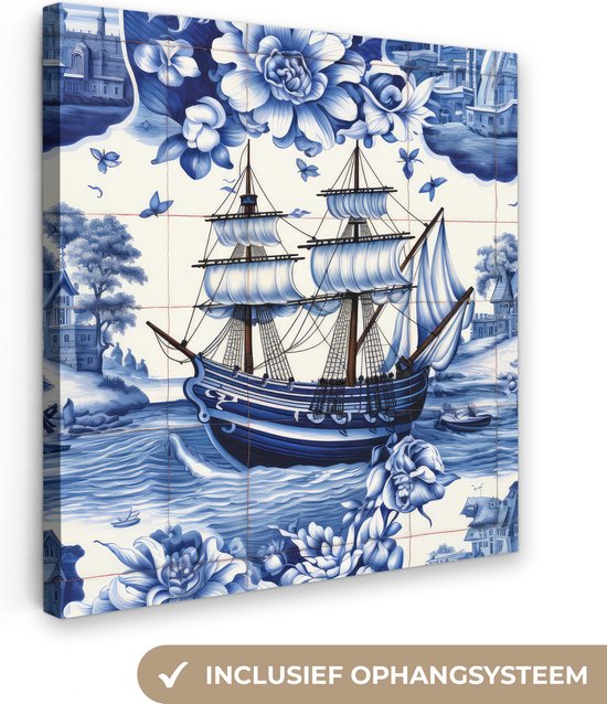 Canvas Schilderij Boot - Zee - Bloemen - Delfts blauw - Hollands - 20x20 cm - Wanddecoratie