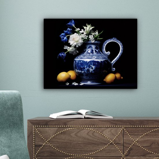 Peinture sur toile Nature morte - Cruche - Bleu de Delft - Fruits - Fleurs - 40x30 cm - Décoration murale