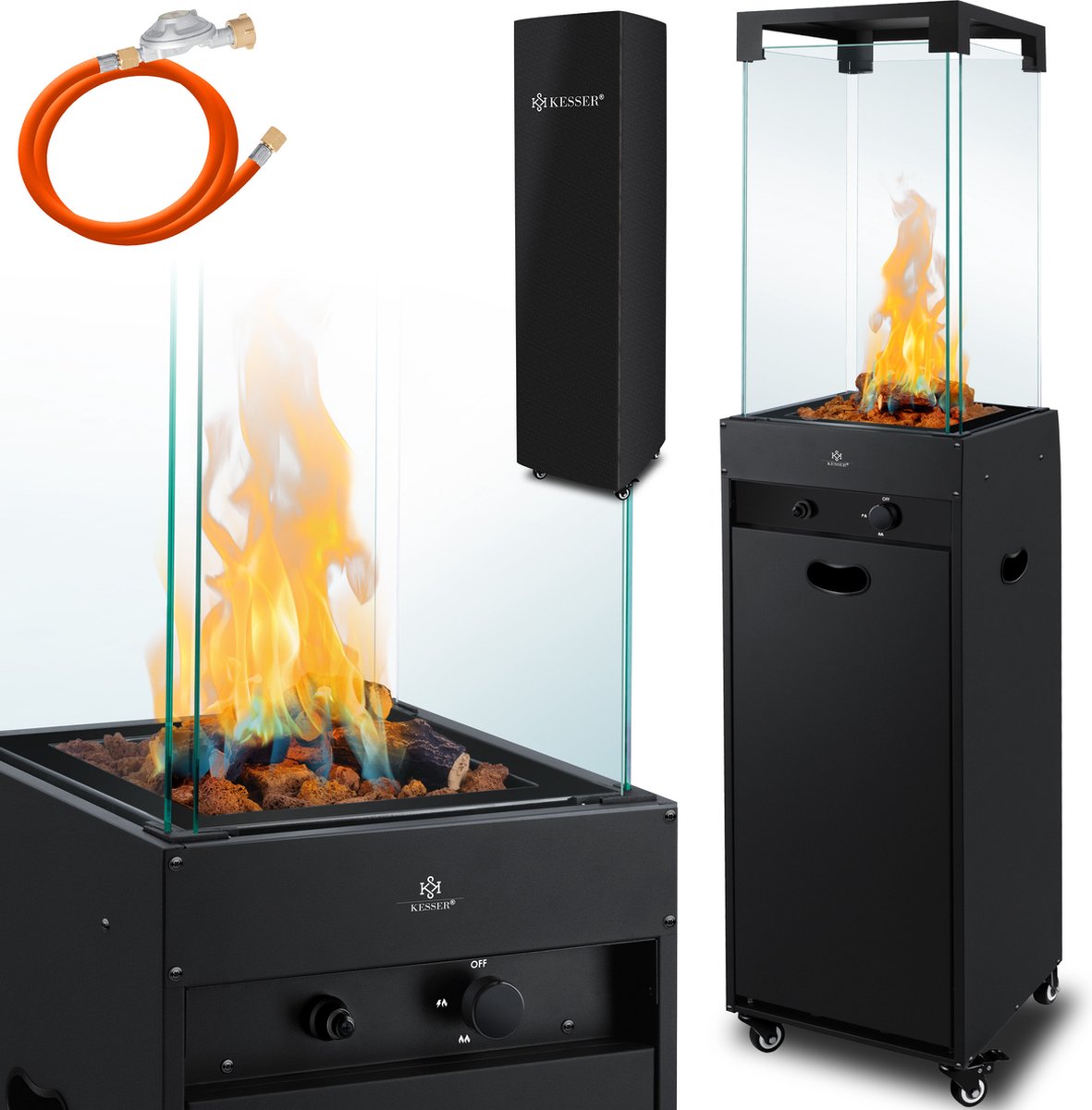 KESSER® Terrasstraler / Mobiele Gaskachel / gasverwarming incl. beschermhoes buitenverwarmer mobiele paddenstoelverwarmer vlamverwarming met grondwielen - Zwart