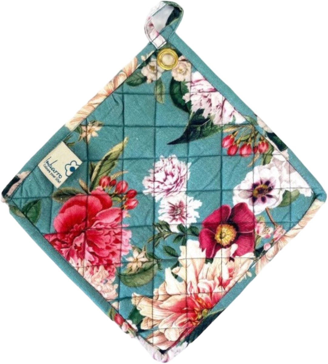 Imbarro stevige hittebestendige pannenlappen met bloemen print in aqua kleur set van 2 | 25 x 25 cm