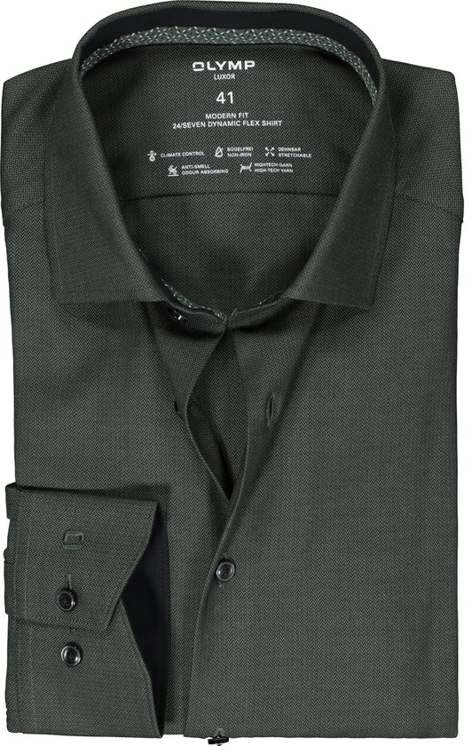 OLYMP 24/7 modern fit overhemd - herringbone - olijfgroen (contrast) - Strijkvriendelijk - Boordmaat: 40