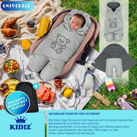 KIDIZ® Baby Slaapzak voor Buggy Voetenzak voor Autostoeltje & Wandelwagen Babyschaal, voor Winter met Kap + Babyslaapzak Deken voor Maxi-Cosi & Kinderwagen alle Gordelsystemen 3 & 5-Puntsgordel - Grijs / Antraciet — afbeelding 2