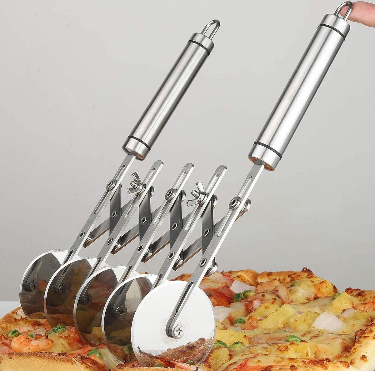 Deegsnijder, pizzasnijder, roestvrij staal, 5 wielen, verstelbaar, taartverdeler, pizzasnijder van roestvrij staal, voor het bakken van de keuken