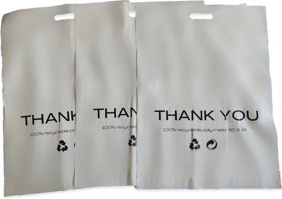 Verzendzakken voor kleding - verzendzakken groot formaat - verzendzakken webshop - 550mm x 400mm - handvat - XL - 100% recycleerbaar - buitenzak - Vinted - "Thank you" - 25 stuks