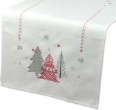 Tafelloper - Kerst - Wit met rode en zilverkleurige kerstbomen - Loper 150 cm - Rechthoek