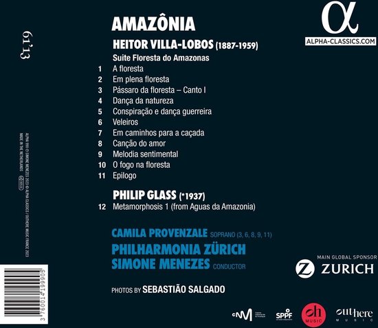 CD-hoes met 'AMAZÔNIA' in grote letters, tracklist en uitvoerders Camila Provenzale, Philharmonia Zürich en Simone Menezes.