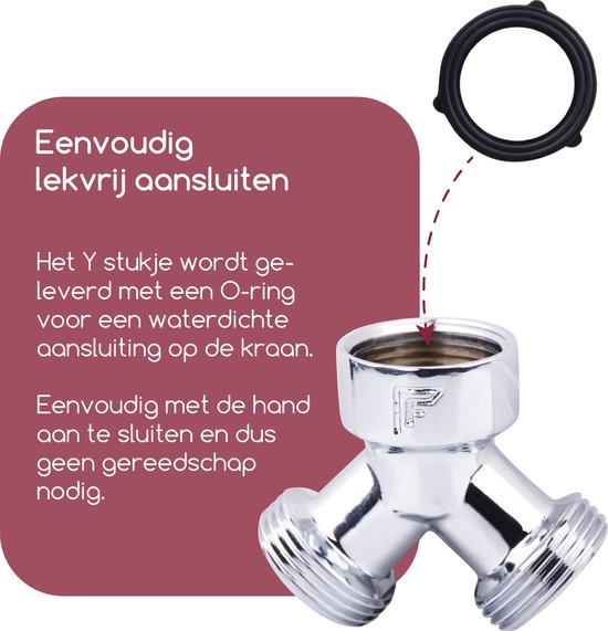 Verchroomd messing Y-stuk met twee 3/4" aansluitingen, met tekst over lekvrije aansluiting met O-ring.