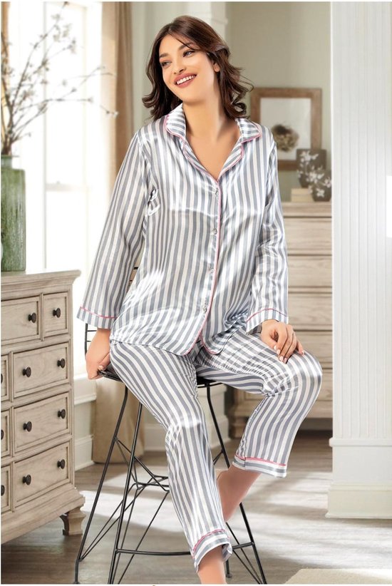 Satijn Dames 2- Delige -Pyjama- Luxe Pyjamaset- Nachtkleding Gestreept Grijs Maat XL