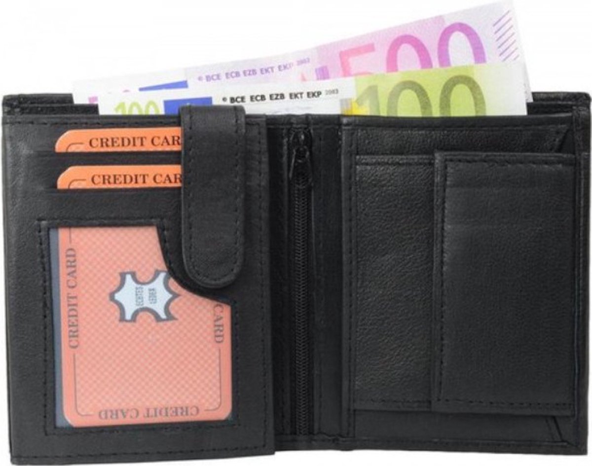 Portemonnee Heren - Zeer betaalbare Heren Portefeuille van Echt Nappa Leer - Staand model - 12 pasjes - Zwart