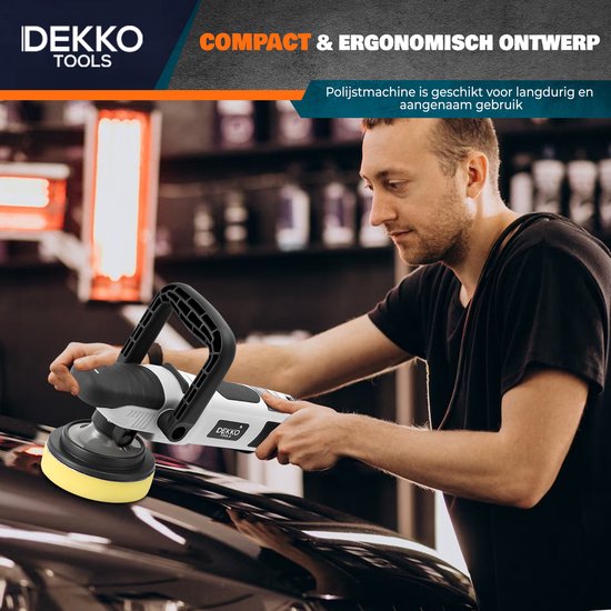 Man gebruikt Dekko Tools polijstmachine met ergonomisch ontwerp voor langdurig gebruik.