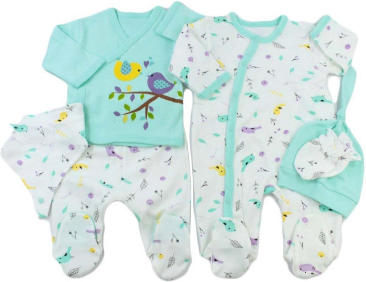 Babykleding Meisje / jongens- Babykleertje - Boxpakje - Print - 6-delig- Kraamcadeau - Jumpsuit Baby - Vogels afgedrukt - Mint - Met drukknoopjes - Maat 62