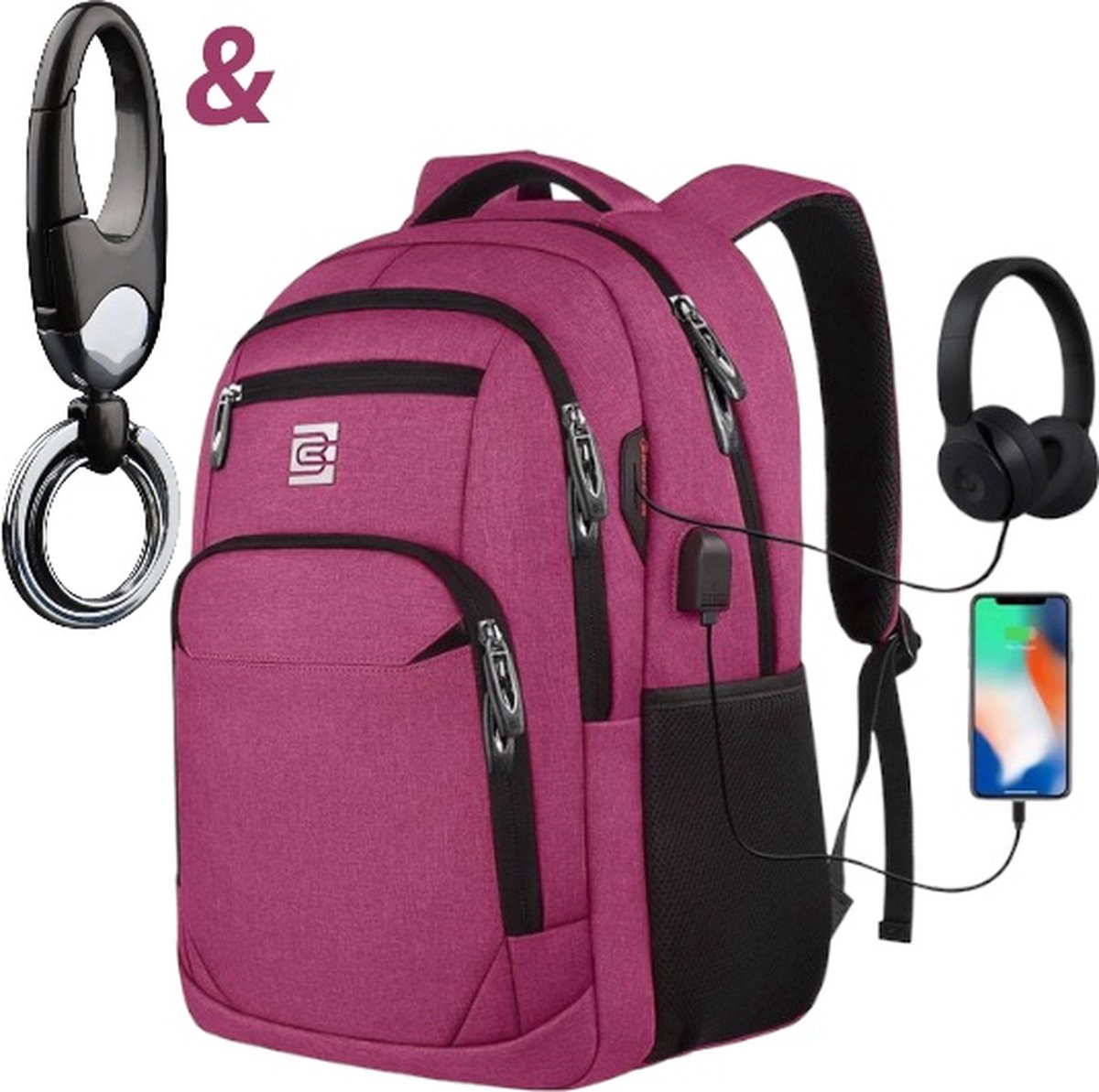 Laptoprugzak met USB-oplaadconnector voor mannen en vrouwen voor werk School Schoolrugzak voor jongens en tieners met laptopvak en antidiefstaltas, 15,6 inch roze., 15,6 inch
