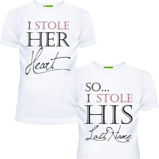 PicOnTshirt - Teetalks Series - T-Shirt Dames - T-Shirt Heren - T-Shirt Met Print - Couple T-Shirt Met 'I Stole Her Heart / His Soul' Print - 2 Pack - Wit - Heren XL/Dames L