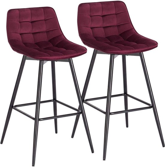 Barkruk Vlado Industrial - Rood - Barkrukken set van 2 - Barstoel Kruk - Barstoelen met rugleuning - Keukenstoel - Velvet