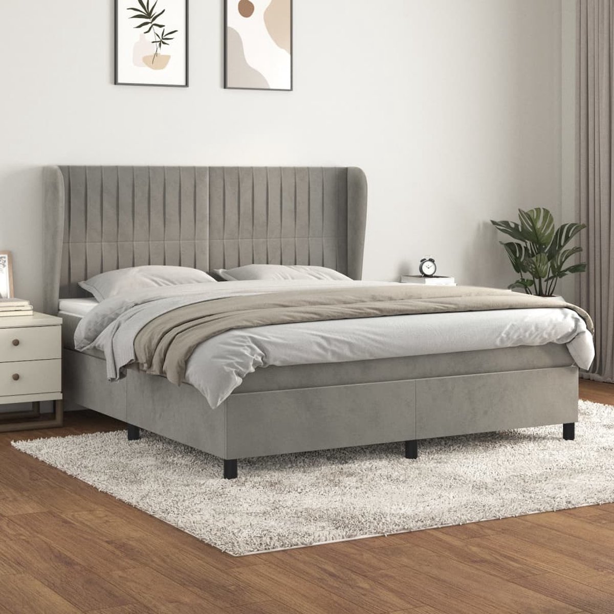 vidaXL - Boxspring - met - matras - fluweel - lichtgrijs - 180x200 - cm