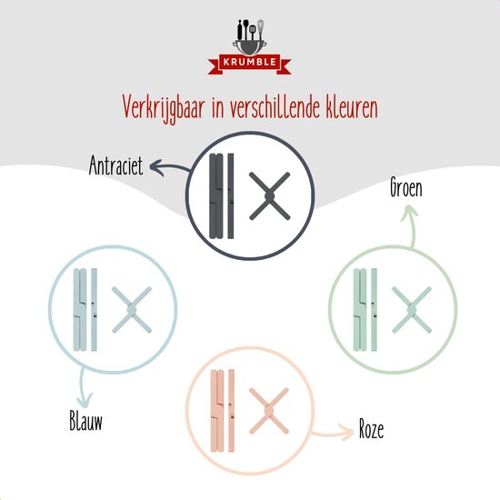 Krumble pannenonderzetters verkrijgbaar in antraciet, blauw, roze en groen.