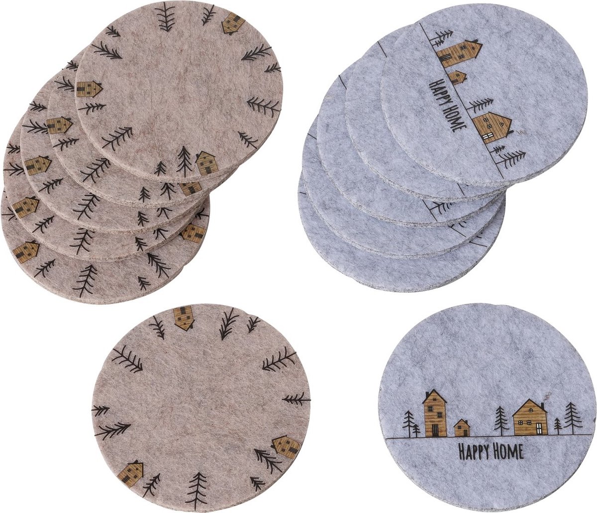 Boltze Home Onderzetterset Homewood met dessin van huisjes en kerstbomen vilt dia 10cm 6 stuks