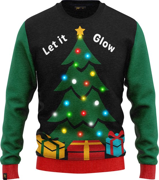JAP Christmas Kersttrui met lichtjes (maat L) - 100% Gerecycled - Kriebelt niet - Kerstcadeau volwassenen - Foute Kersttrui dames en heren - Let it glow - Zwart