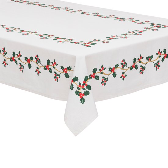 Feeric christmas tafelkleed kerst - wit met hulst -polyester -240 x 140 cm