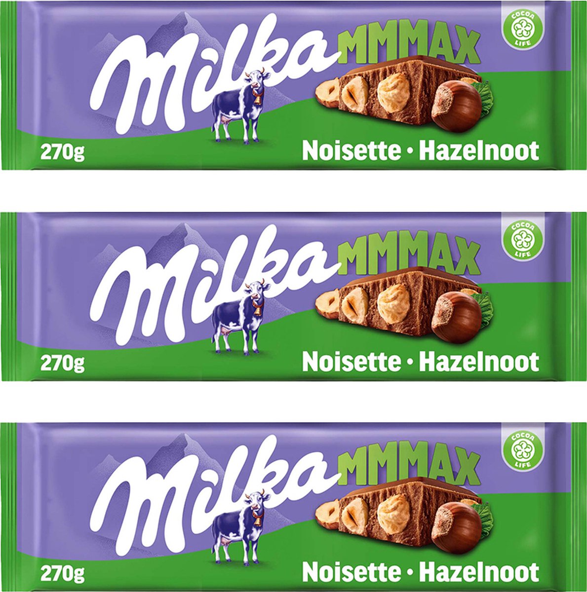 Tablettes de chocolat Milka MMMax - chocolat au lait avec noisette entière  - 270g x 3 | bol