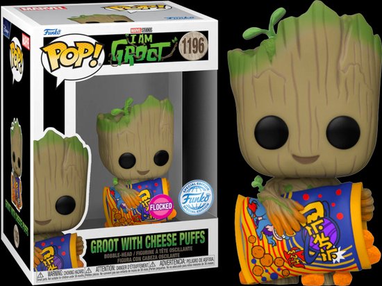 Funko Pop! Marvel I am Groot - Groot with Cheese Puffs #1196 Flocked  Special Edition