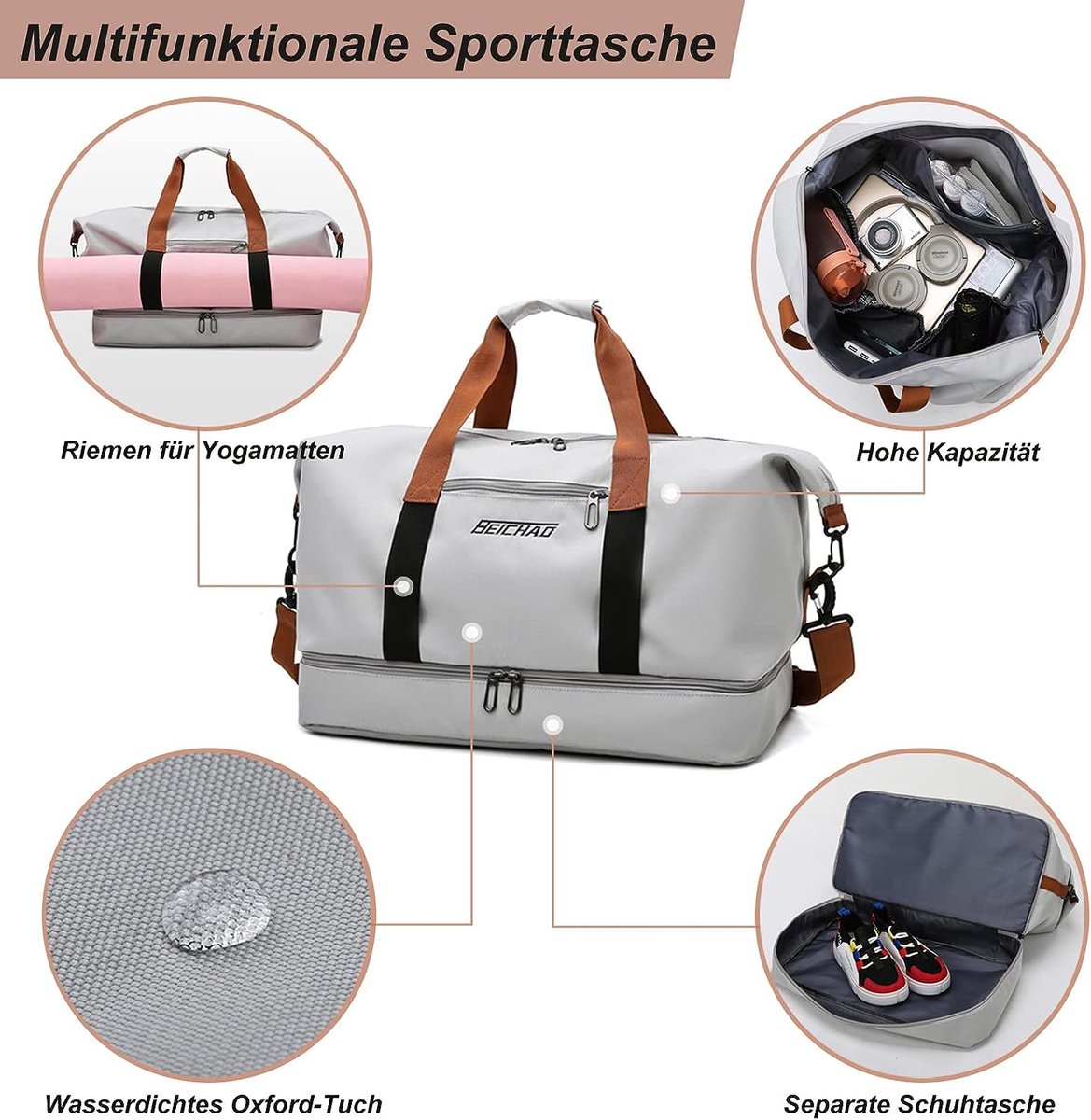 Sporttas & reistas voor dames en heren, Groen, met schoenenvak en nat vak, grote capaciteit, reistas, lichte trainingstas, waterdichte zwemtas voor reizen, sport, fitness thumbnail 4
