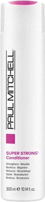 Witte fles Paul Mitchell Super Strong Conditioner 300 ml met roze accenten.