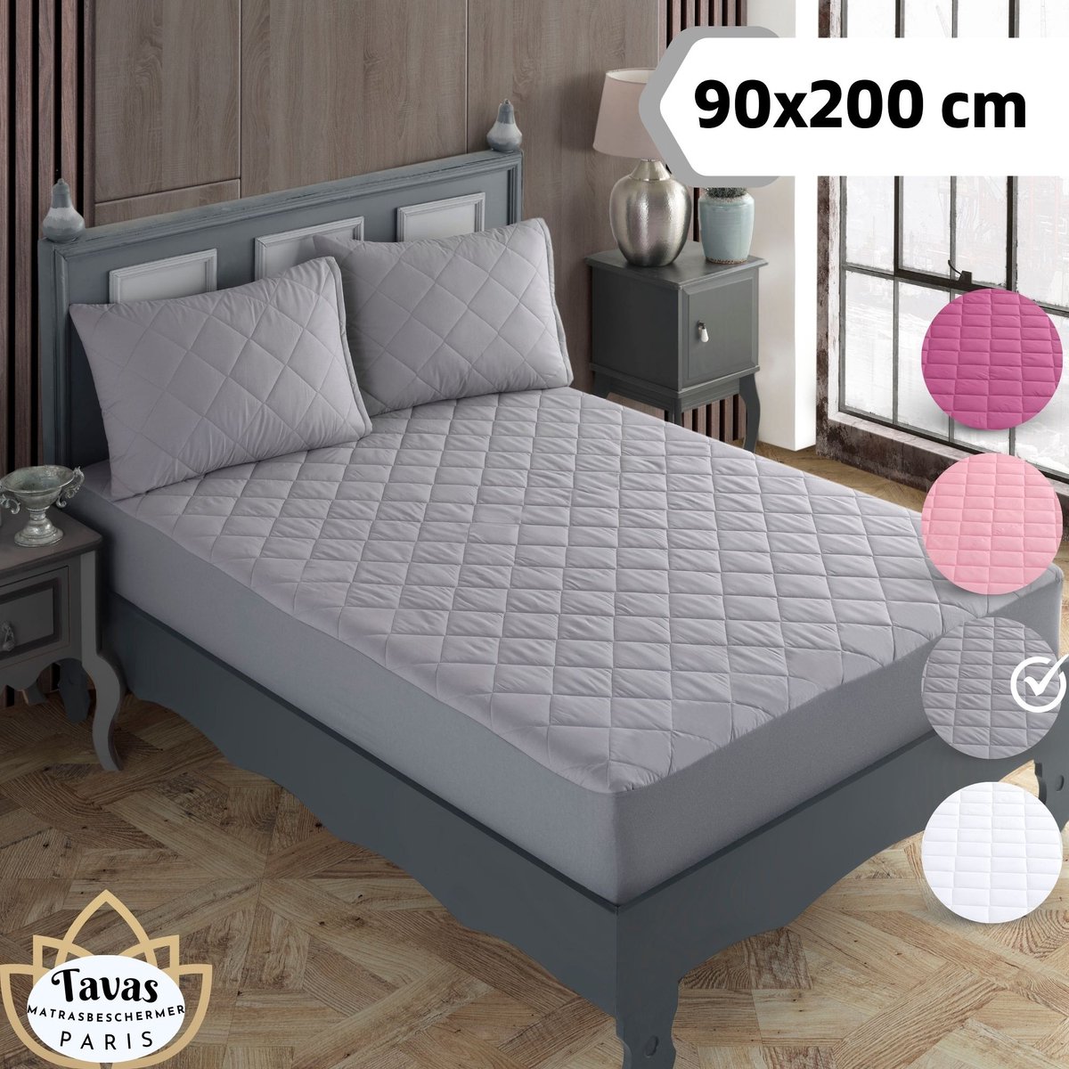 Tavas Waterdicht Matrasbeschermer 90x200 cm Grijs Gewatteerde 100% Katoen Molton Hoeslakenbadstof Rondom Elastiek Waterdichte Matras Beschermer Incontinentie