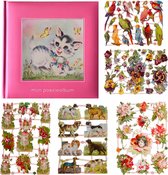 Poëziealbum - 16x16 - Roze - S7 - Poes met vlinders - met 5 vellen Poëzieplaatjes - Versjes - Gedicht - Cadeau - Sint - Geschenk - Knutselen - Hobby - Creatief - Scrapbook - Poezie