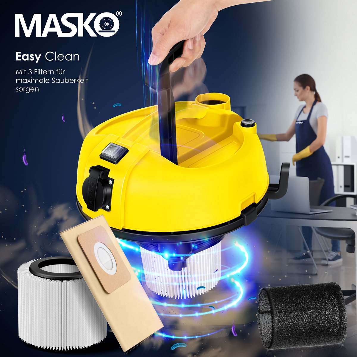 MASKO® Alleszuiger 6IN1 Nat- en Droogzuiger 2300W + stopcontact, Blaasfunctie, Droog- & natzuigen | Industriële stofzuiger vuilreservoir 30L Bouwstofzuiger - Geel – foto 7