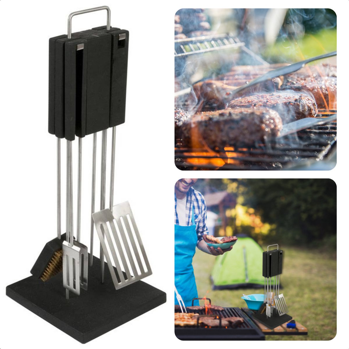 BBQ/barbecue Gereedschap Set 3-delig RVS - Met Zwart BBQ Schort Ik Steak Alles In De Fik Vaderdag Cadeau