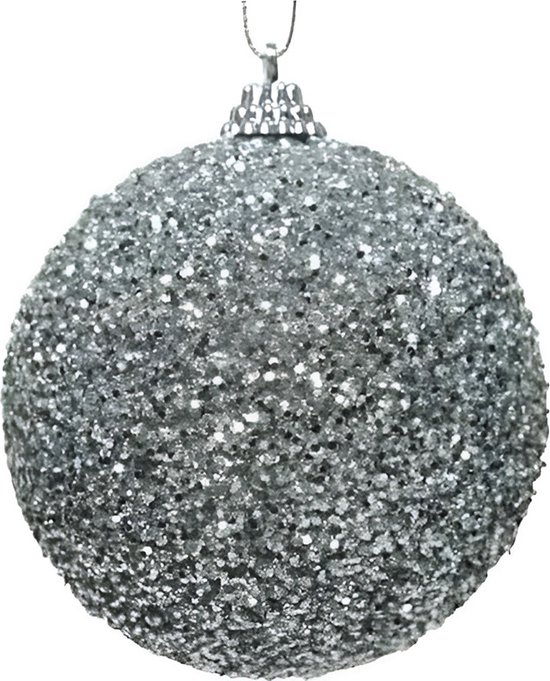 Decoris Zilveren glitter/kralen kerstballen 8 cm kunststof - Onbreekbare kerstballen - Kerstboomversiering zilver