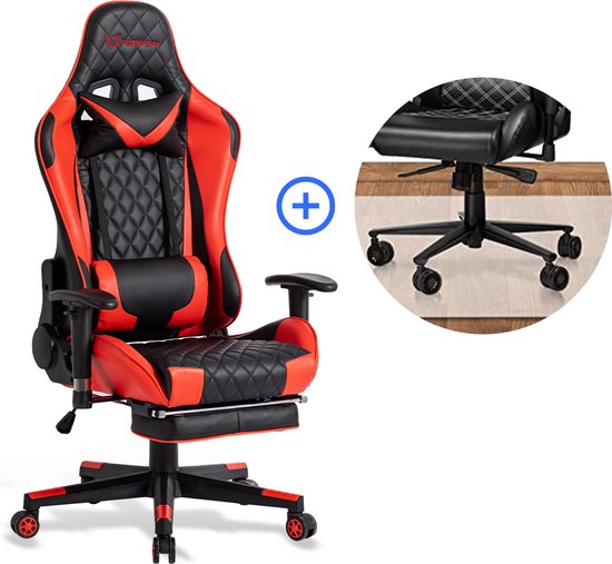 FOXSPORT verstelbare gaming chair - PC-bureaustoel met voetsteun - hoogte en helling verstelbaar - met hoofdsteun en lendensteun - gamingstoel voor kantoor - Met vloerbeschermingsmat - Rood