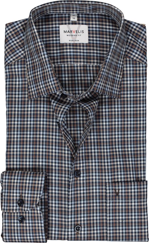 MARVELIS modern fit overhemd - twill - blauw - wit en bruin geruit - Strijkvrij - Boordmaat: 45