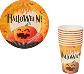 Scary Pompoen 8 borden en bekers - Karton - Oranje / Zwart - 19 cm - Happy Halloween