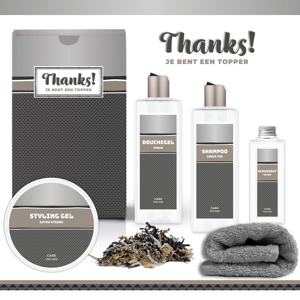 Goedkoopste Geschenkset Thanks! Je bent een topper - 5 Producten - 900 Gram | Giftset voor hem - Luxe cadeaubox man - Douchegel - Shampoo - Styling Gel - Vader - Wellness - Pakket - Cadeau set - Bedankt - Thank You - Broer - Vriend - Collega - Kerst - Zilver
