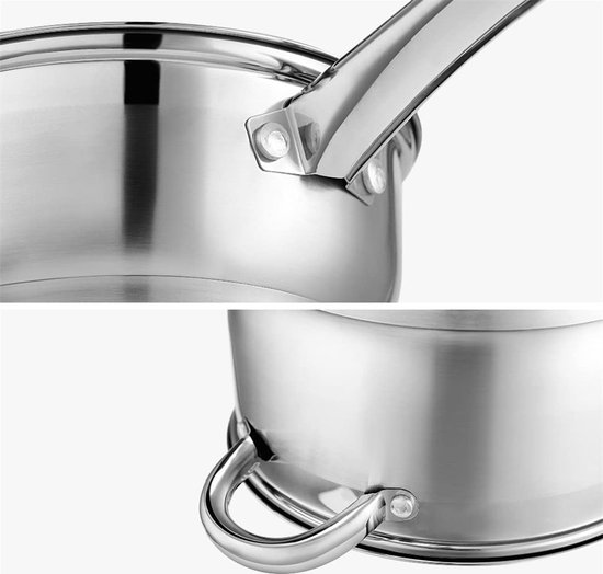 Close-up van roestvrijstalen kookgerei: steelpan met gestroomlijnd handvat en roestvrijstalen pan met stevig handvat.
