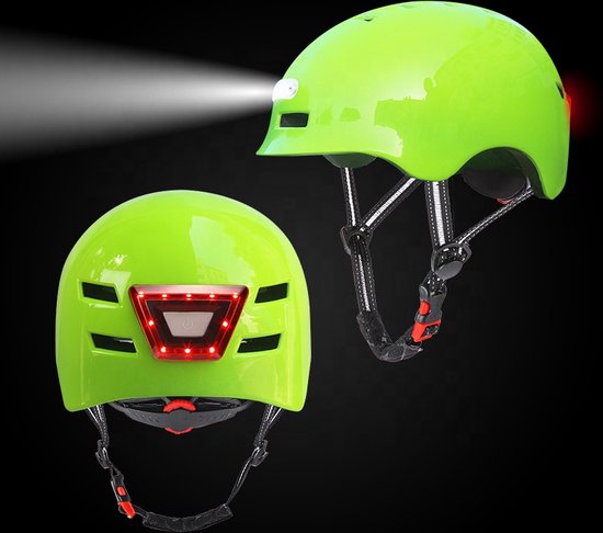 Fietshelm voor volwassenen met LED-verlichting- Met voor- en achterlicht -Groen-Maat-M-54 tot 58 cm-Helm - Skatehelm