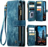 CaseMe - Hoesje geschikt voor iPhone 15 Pro Max - Vintage Wallet Book Case Ritssluiting - Met Magneetsluiting - Blauw
