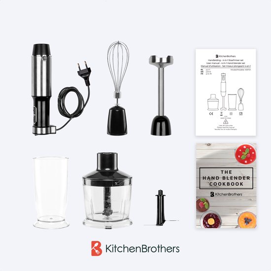 KitchenBrothers Staafmixer 4-in-1 Set - Hakmolen - Garde - Maatbeker - BPA-vrij - Vaatwasserbestendig - 6 Snelheden + Turbo - RVS