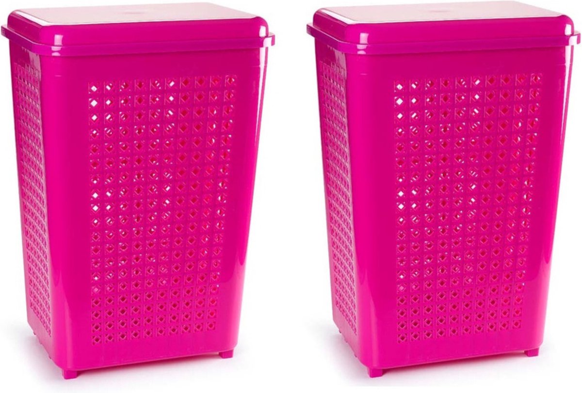 Goedkoopste Wasmand met deksel - 2x stuks - 50 liter - roze - kunststof - 41 x 31 x 61 cm - grote wasmanden