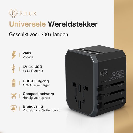 Rilux® Universele Wereldstekker met 4 USB poorten inclusief USB-C poort – Internationale Reisstekker voor 200+ landen - Australië – Zuid Amerika-Engeland(UK) – Amerika (USA) – Reis Adapter – Wereldstekkers – Oplader – 240 Volt - Rilux